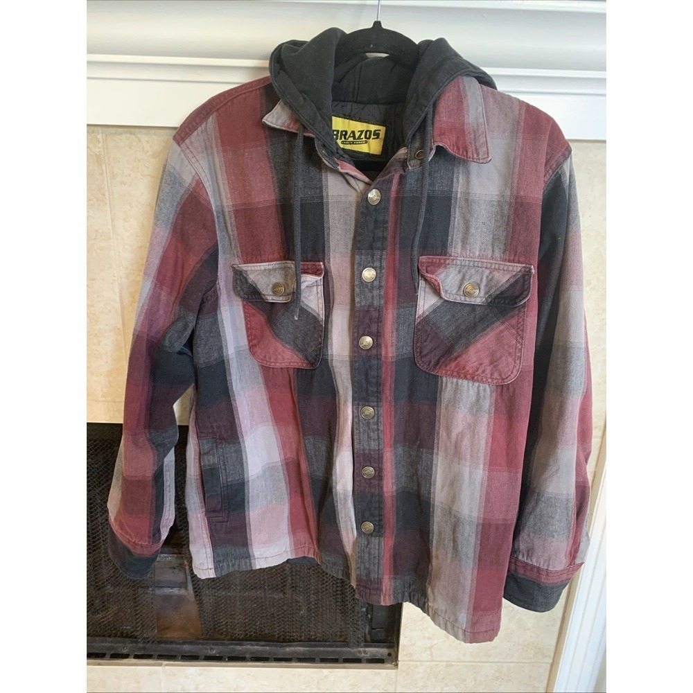 Brazos Work Force Flannel Jacket Men's LARGE Plaid Red And Black ,B Hoodie Lined
